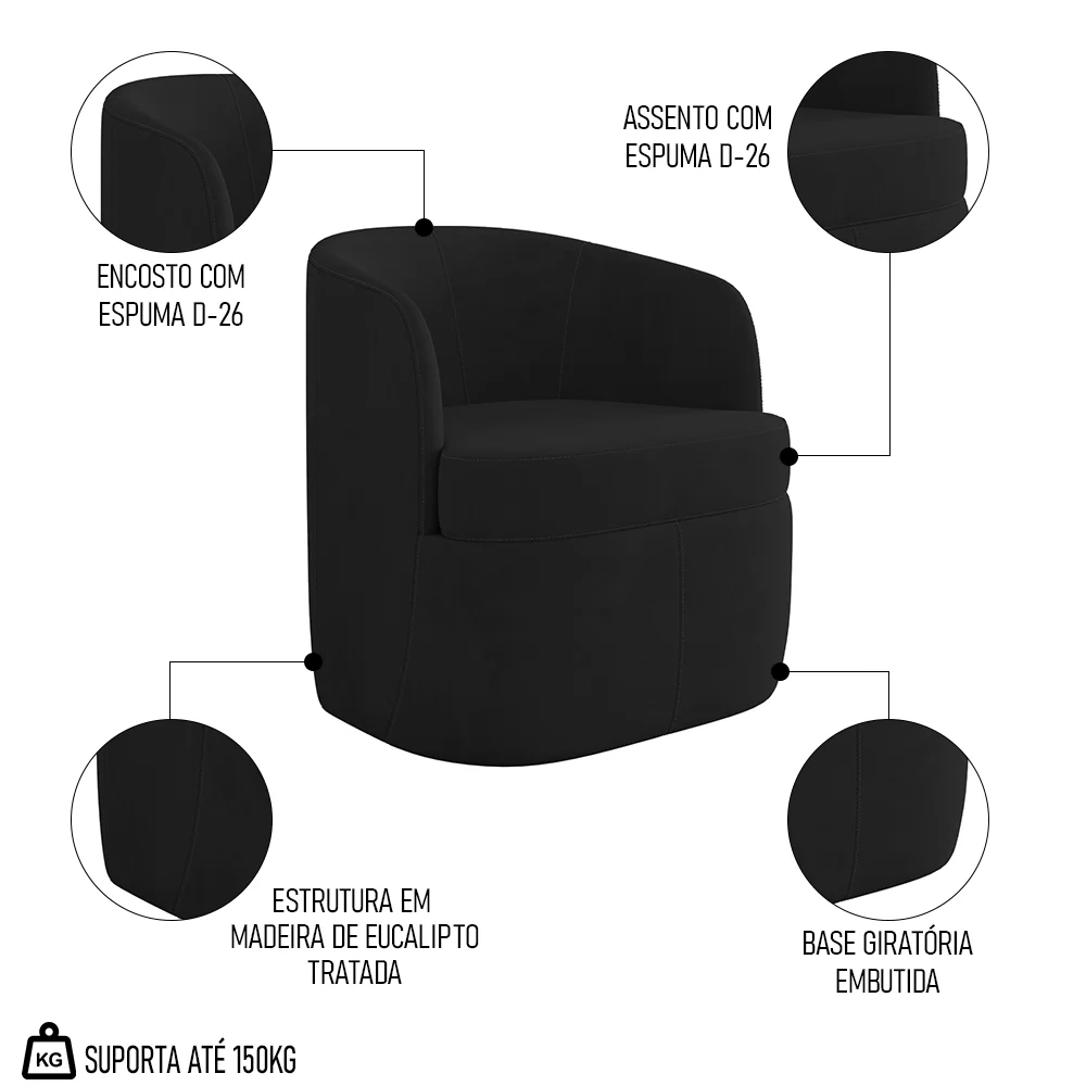Poltrona Giratória Decorativa para Sala Dandara Z08 Veludo Preto - Mpozenato