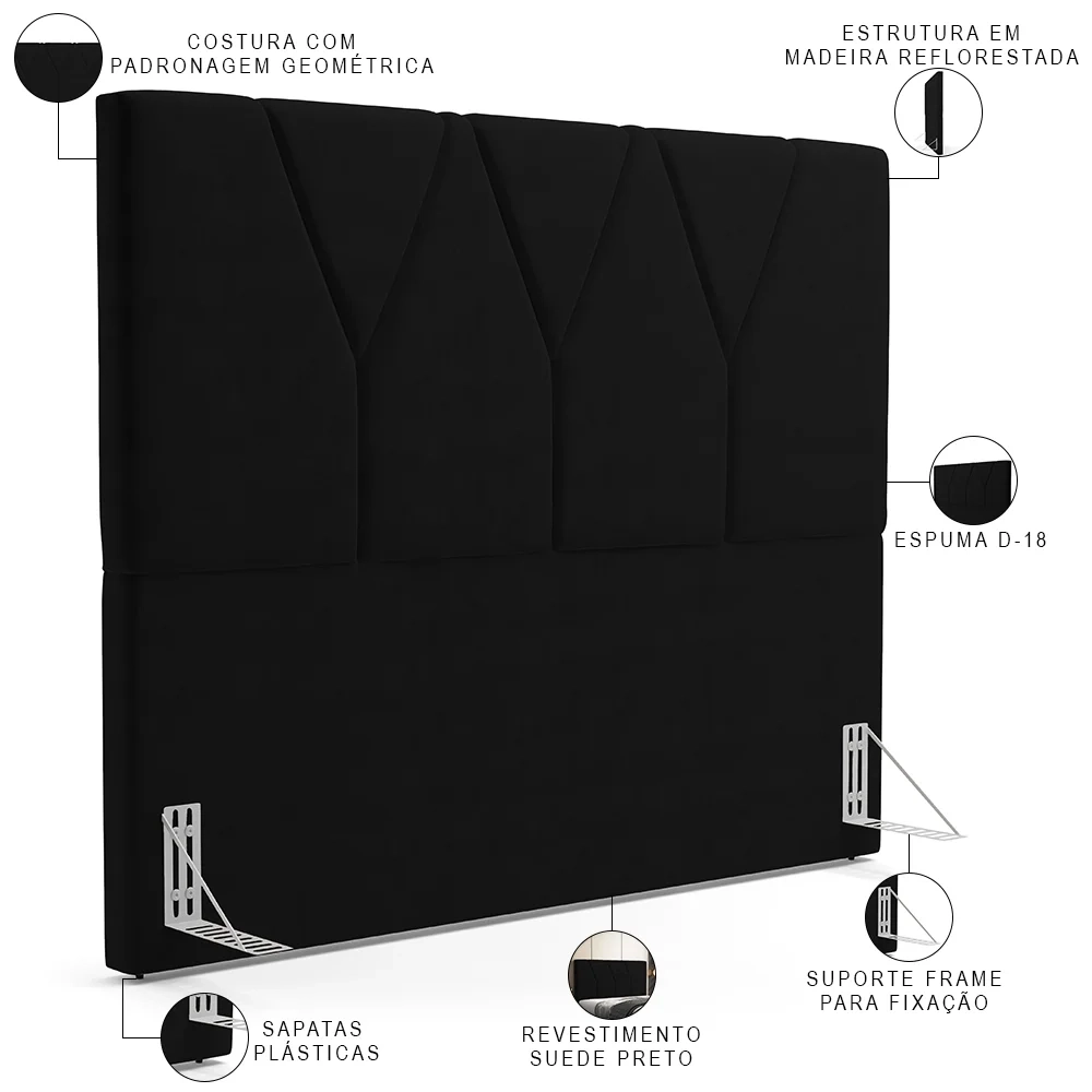 Cabeceira Cama Box Casal Queen 160cm Aura Suede W01 Preto - Mpozenato
