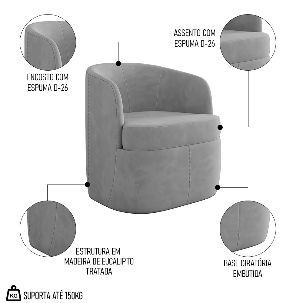 Poltrona Giratória Decorativa para Sala Dandara Z08 Veludo Cinza - Mpozenato