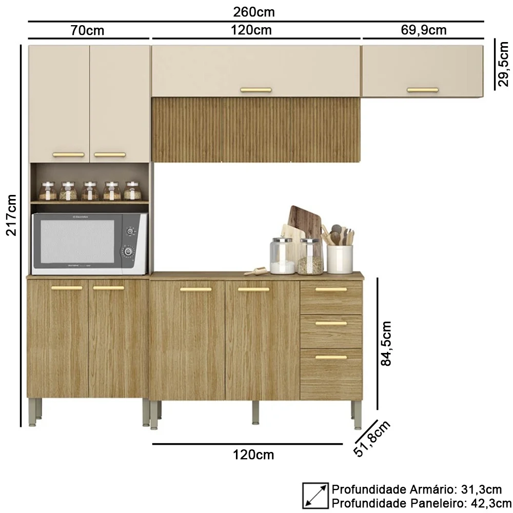 Armário de Cozinha 5 Peças Urban03 Balcão com Tampo 120cm Z06 Freijó/Vanilla - Mpozenato