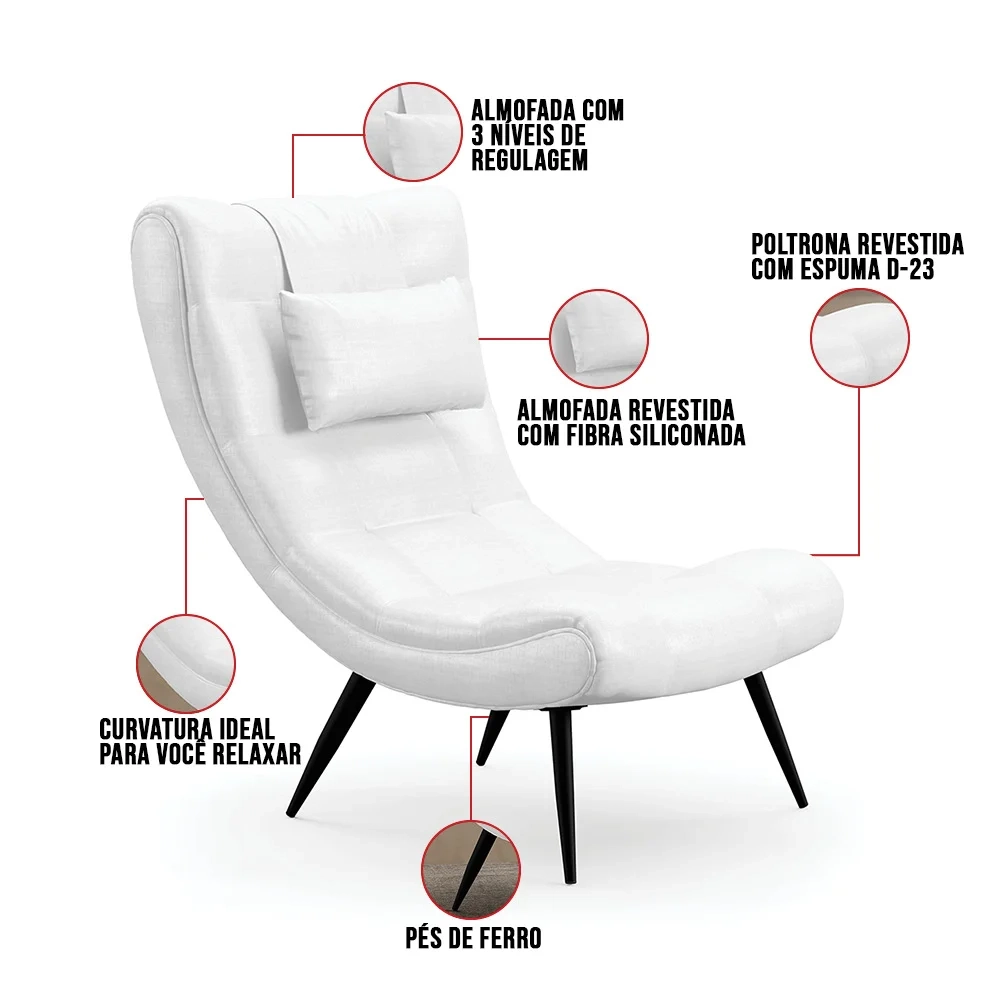 Poltrona Decorativa Para Sala de Estar com Almofada e Pés Palito Lord Facto Dunas Branco - Ibiza