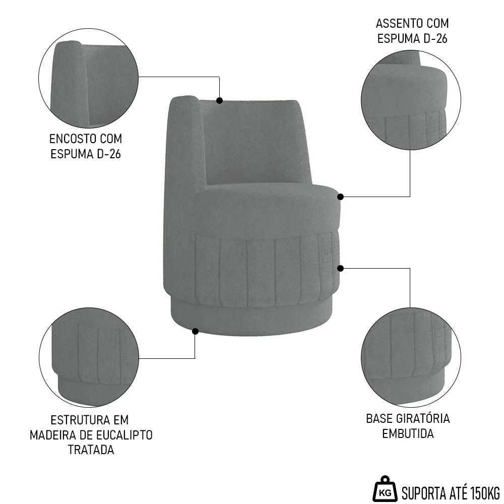 Poltrona Giratória Decorativa para Sala Isa Z08 Boucle Cinza Escuro - Mpozenato