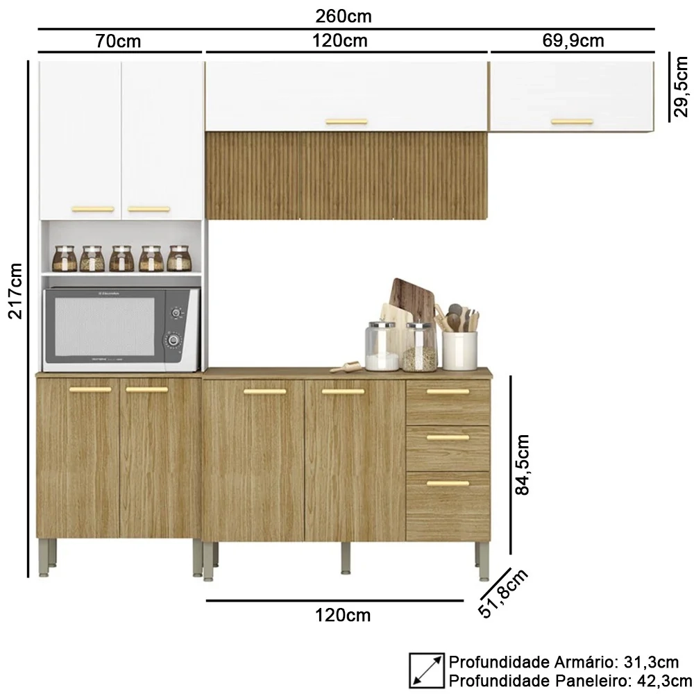 Armário de Cozinha 5 Peças Urban03 Balcão com Tampo 120cm Z06 Freijó/Supremo - Mpozenato