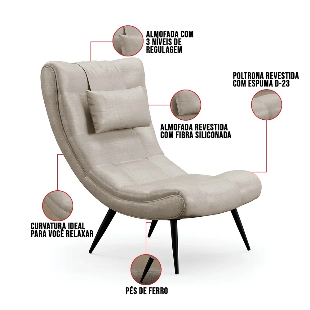 Kit 2 Poltronas Decorativas Sala de Estar com Almofada e Pés Palito Lord Facto Dunas Pérola - Ibiza