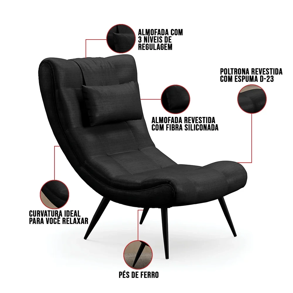 Kit 2 Poltronas Decorativas Sala de Estar com Almofada e Pés Palito Lord Facto Dunas Preto - Ibiza