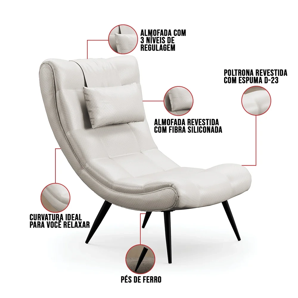 Kit 2 Poltronas Decorativas Para Sala de Estar com Almofada e Pés Palito Lord Facto Prata - Ibiza