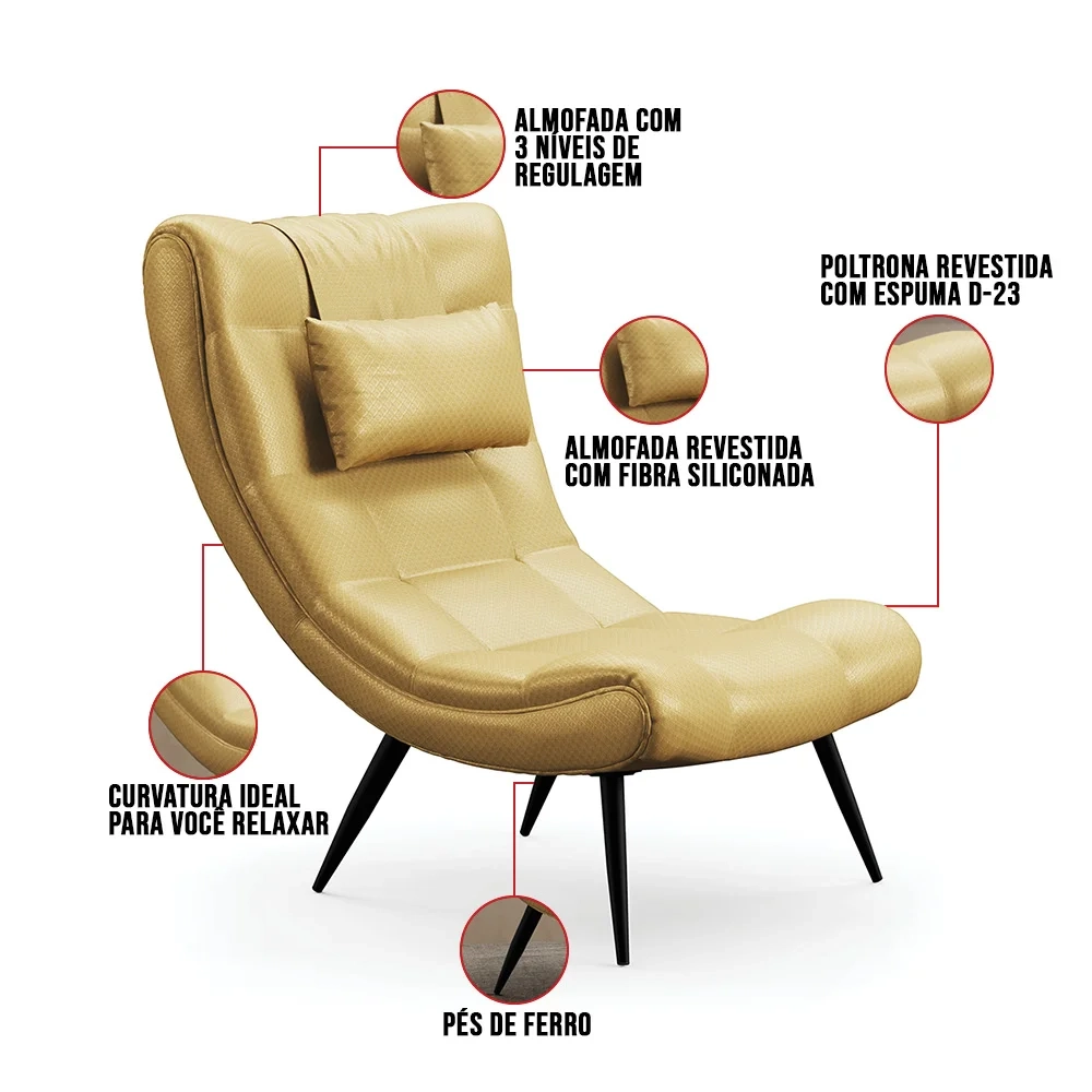 Kit 2 Poltronas Decorativas Para Sala de Estar com Almofada e Pés Palito Lord Facto Dourado - Ibiza