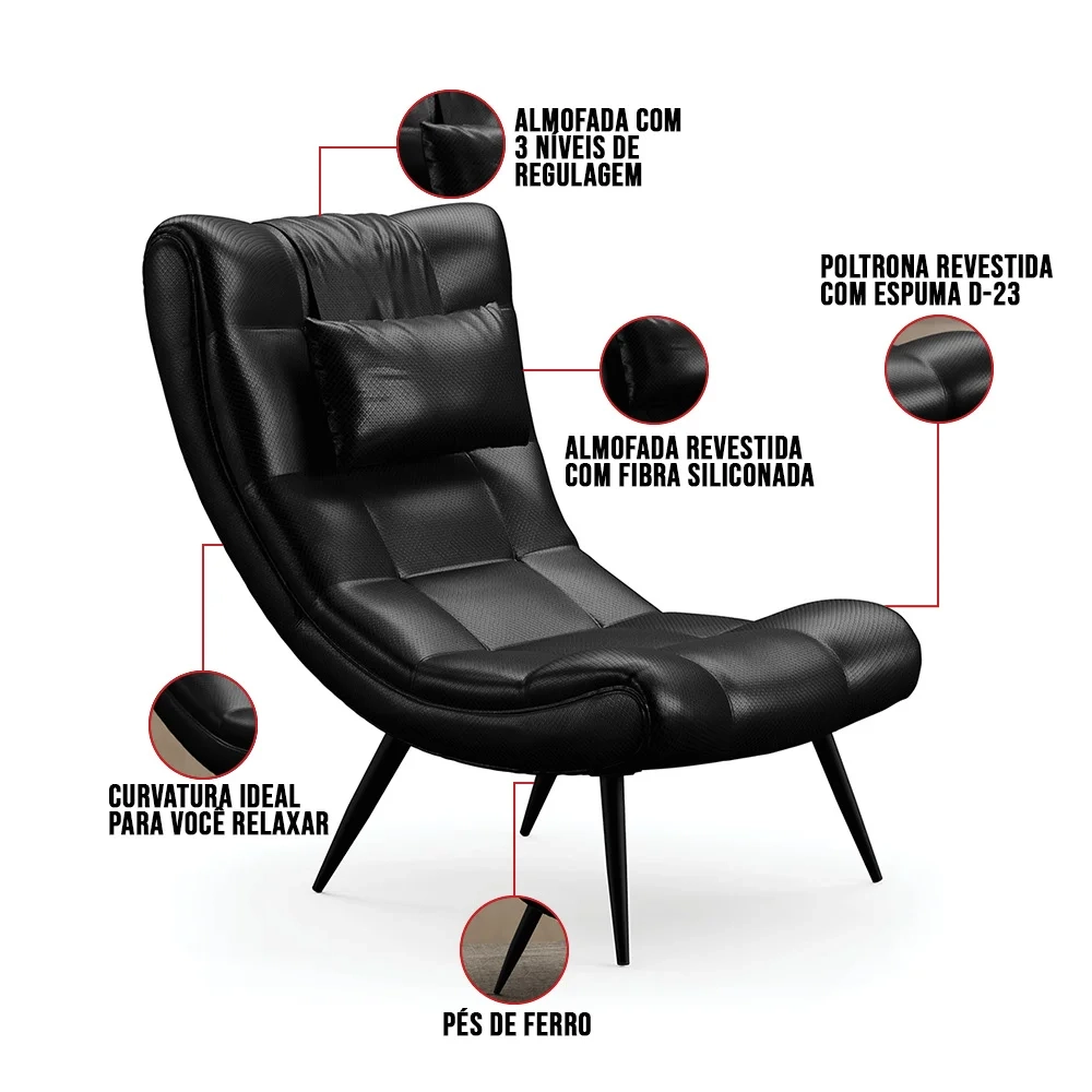 Kit 2 Poltronas Decorativas Para Sala de Estar com Almofada e Pés Palito Lord Facto Preto - Ibiza