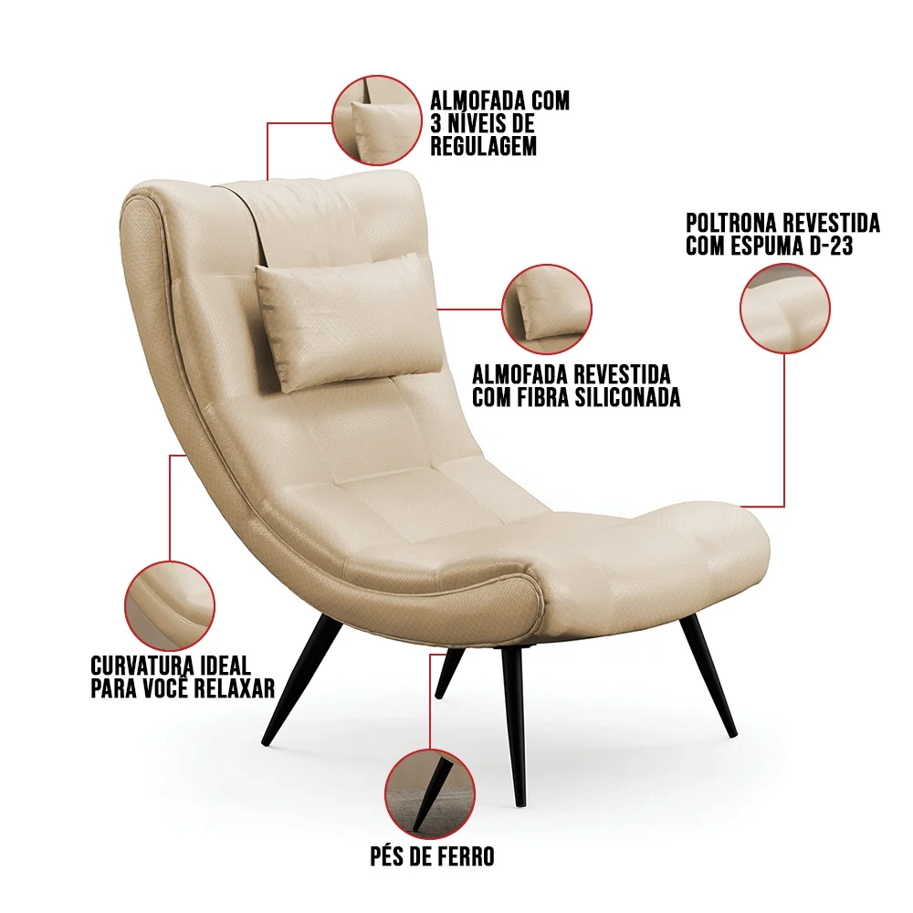 Kit 2 Poltronas Decorativas Para Sala de Estar com Almofada e Pés Palito Lord Facto Bege - Ibiza