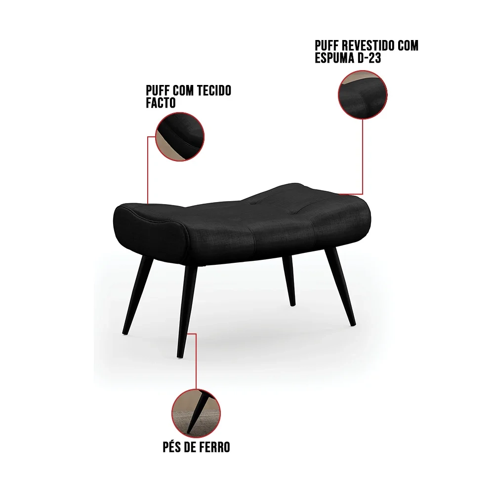 Kit 2 Puffs Decorativos Para Sala de Estar Pés Palito Lord Facto Dunas Preto - Ibiza