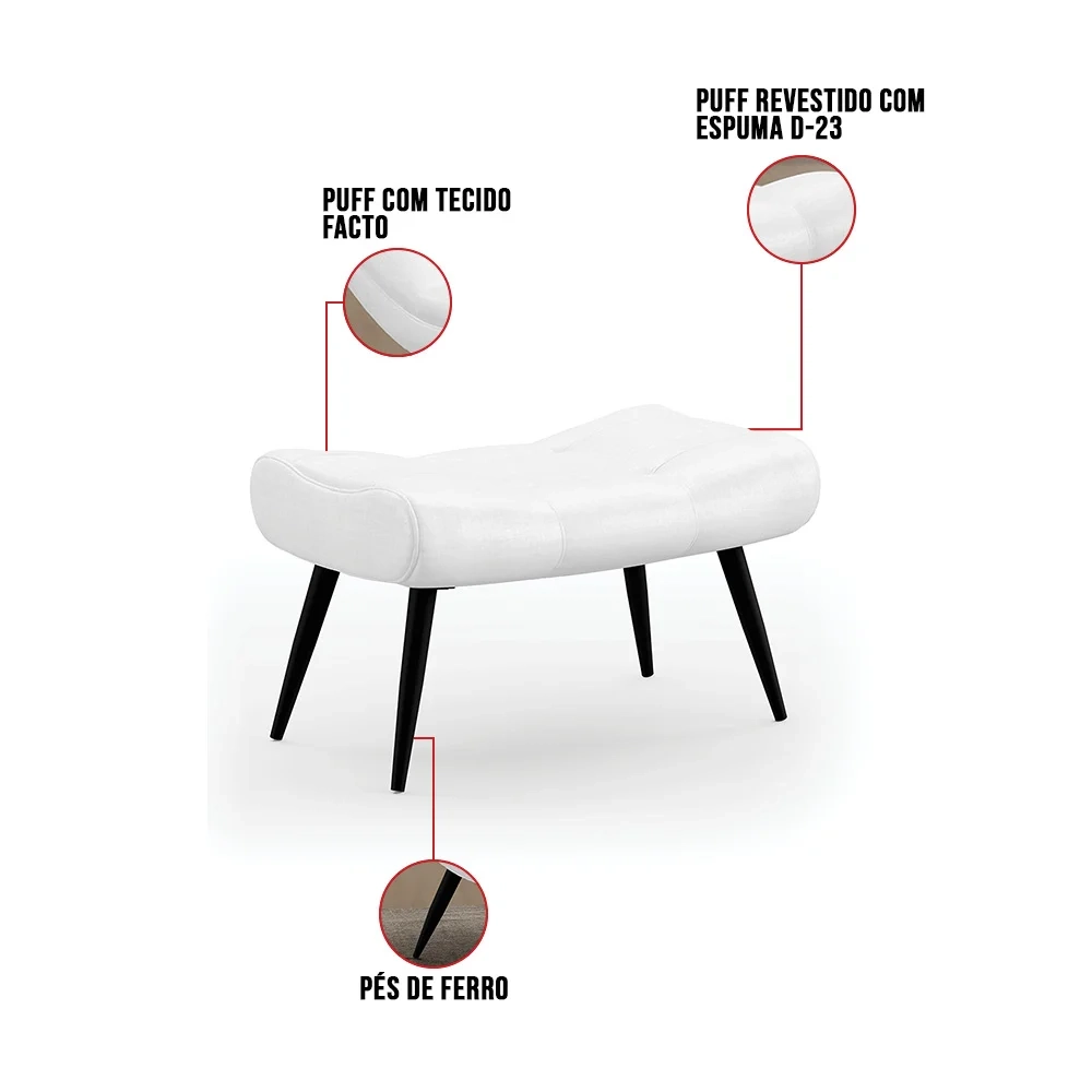 Kit Poltrona e Puff Para Sala de Estar com Almofada e Pés Palito Lord Facto Dunas Branco - Ibiza