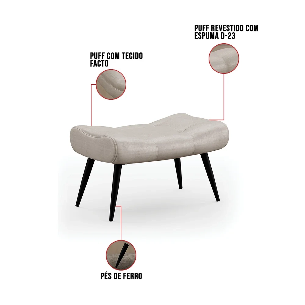 Kit Poltrona e Puff Para Sala de Estar com Almofada e Pés Palito Lord Facto Dunas Pérola - Ibiza