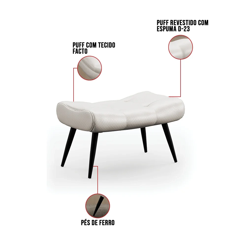 Kit Poltrona e Puff Para Sala de Estar com Almofada e Pés Palito Lord Facto Prata - Ibiza