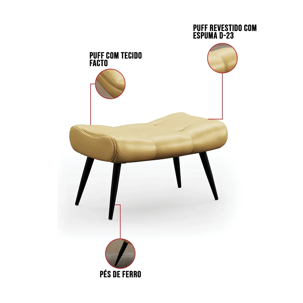 Kit Poltrona e Puff Para Sala de Estar com Almofada e Pés Palito Lord Facto Dourado - Ibiza