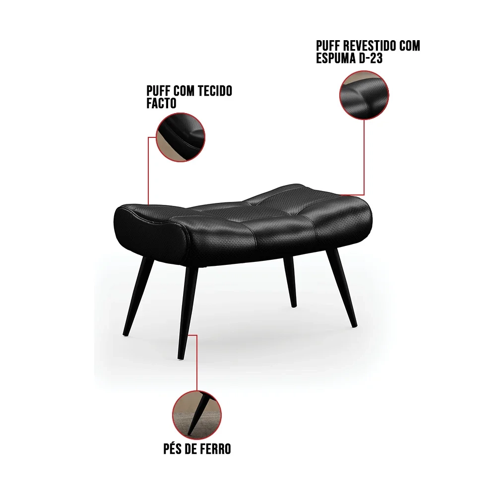Kit Poltrona e Puff Para Sala de Estar com Almofada e Pés Palito Lord Facto Preto - Ibiza
