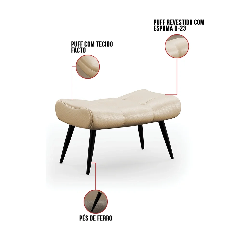 Kit Poltrona e Puff Para Sala de Estar com Almofada e Pés Palito Lord Facto Bege - Ibiza