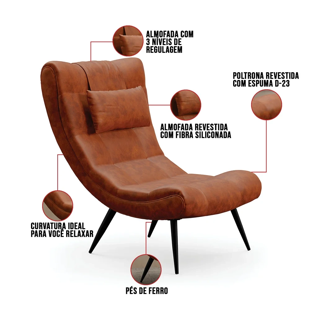 Kit 2 Poltronas Decorativas Sala de Estar com Almofada e Pés Palito Lord Sintético Nozes - Ibiza