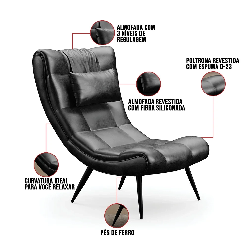 Kit 2 Poltronas Decorativas Sala de Estar com Almofada e Pés Palito Lord Sintético Preto - Ibiza