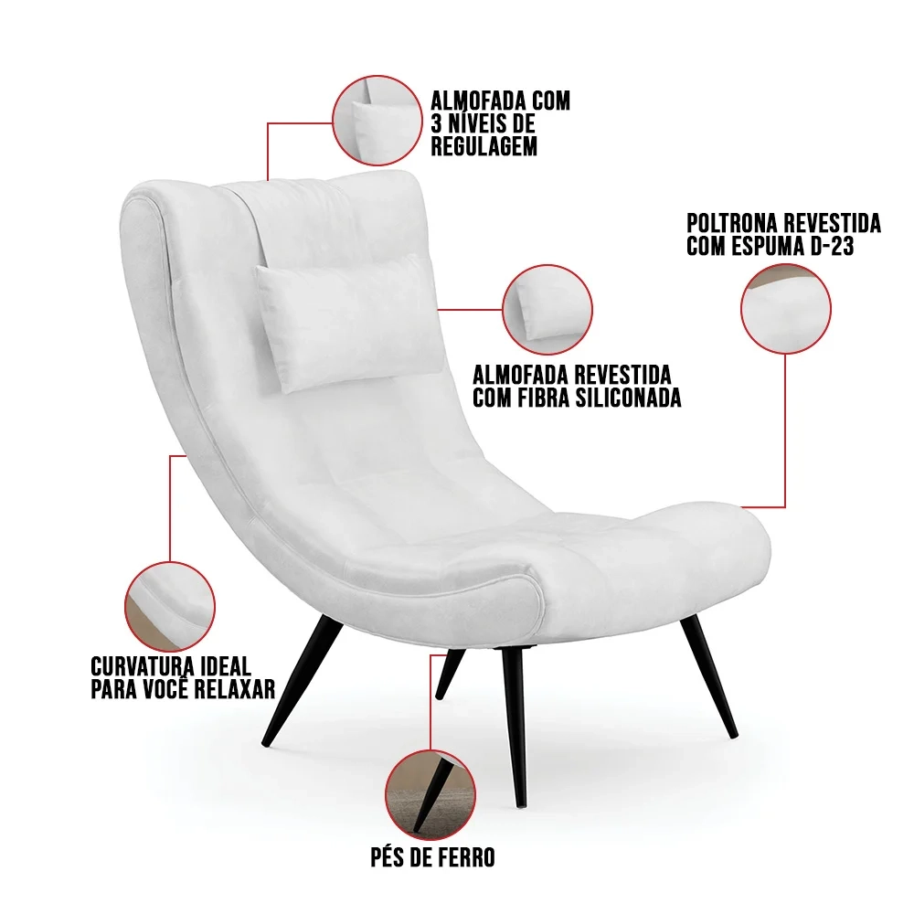 Kit 2 Poltronas Decorativas Sala de Estar com Almofada e Pés Palito Lord Sintético Branco - Ibiza