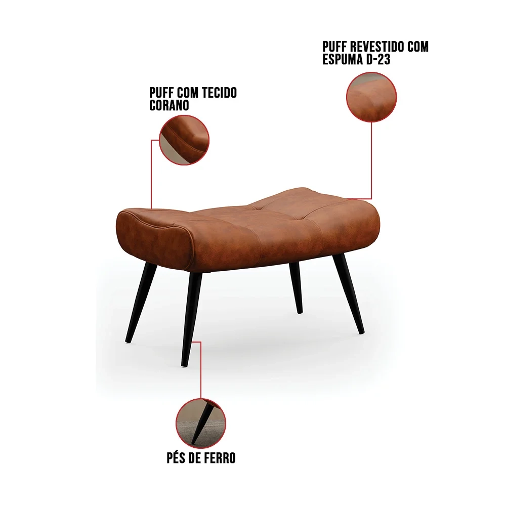 Puff Decorativo Para Sala de Estar Pés Palito Lord Sintético Nozes - Ibiza