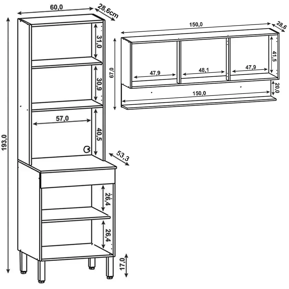 Armário de Cozinha 150cm com Paneleiro Lina Z06 Gris/Freijó - Mpozenato