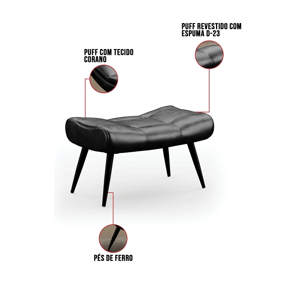 Kit 2 Puffs Decorativos Para Sala de Estar Pés Palito Lord Sintético Preto - Ibiza