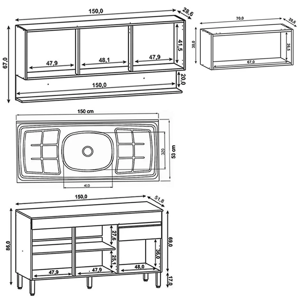 Armário de Cozinha 4 Peças Balcão com Pia 150cm Lina18 Z06 Supremo/Freijó - Mpozenato