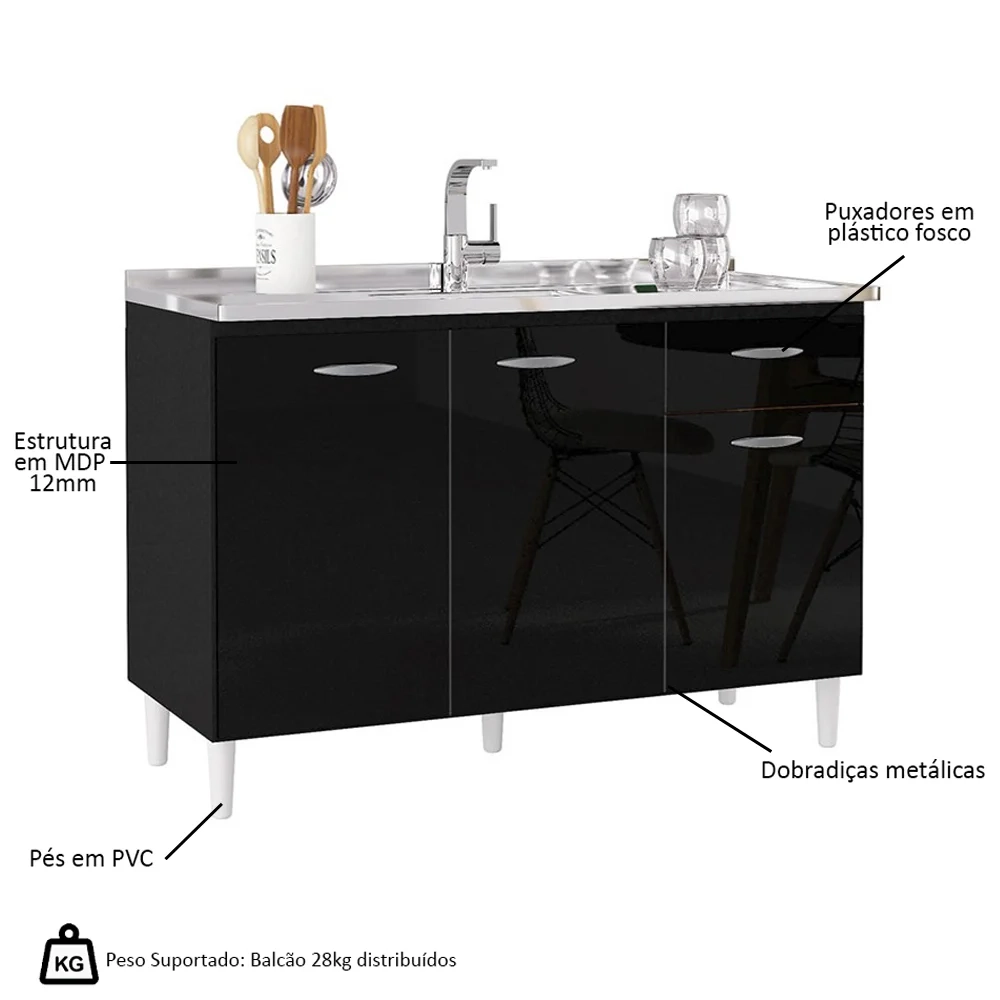 Balcão de Cozinha com Pia Inox 120cm 3 Portas Classic Z46 Preto - Mpozenato