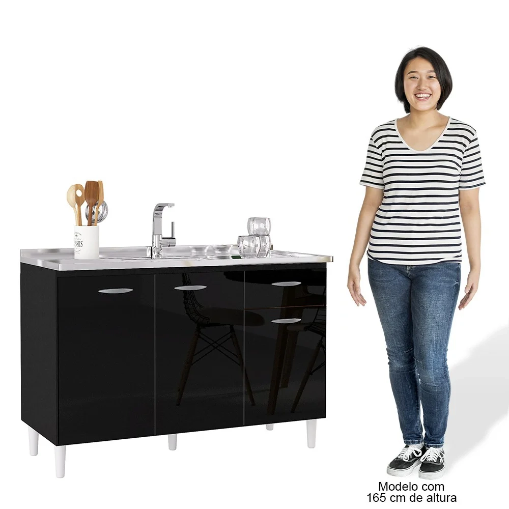 Balcão de Cozinha com Pia Inox 120cm 3 Portas Classic Z46 Preto - Mpozenato