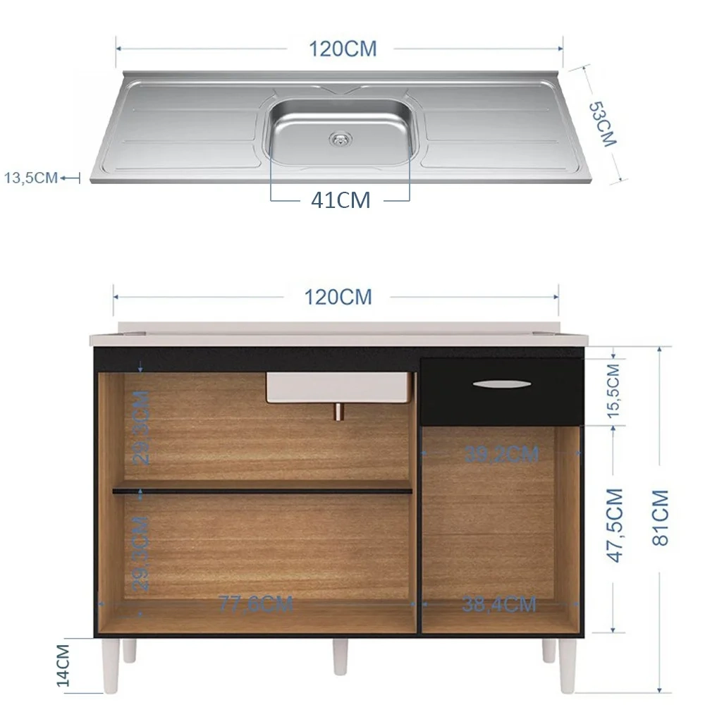 Balcão de Cozinha com Pia Inox 120cm 3 Portas Classic Z46 Preto - Mpozenato