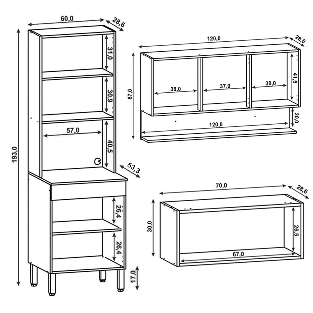 Armário de Cozinha Modulada 3 Peças Lina01 Z06 Supremo/Freijó - Mpozenato