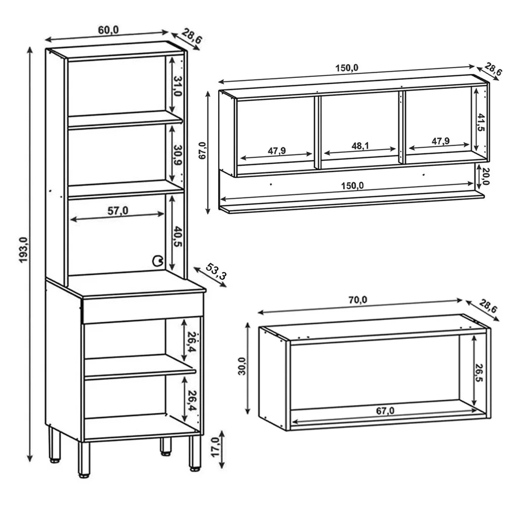Armário de Cozinha Modulada 3 Peças Lina11 Z06 Supremo/Freijó - Mpozenato