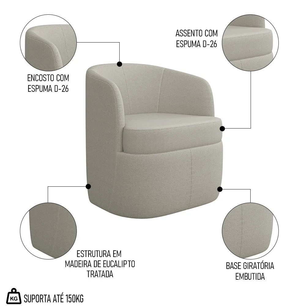 Kit 2 Poltronas Giratória Decorativa para Sala Dandara Z08 Boucle Bege - Mpozenato
