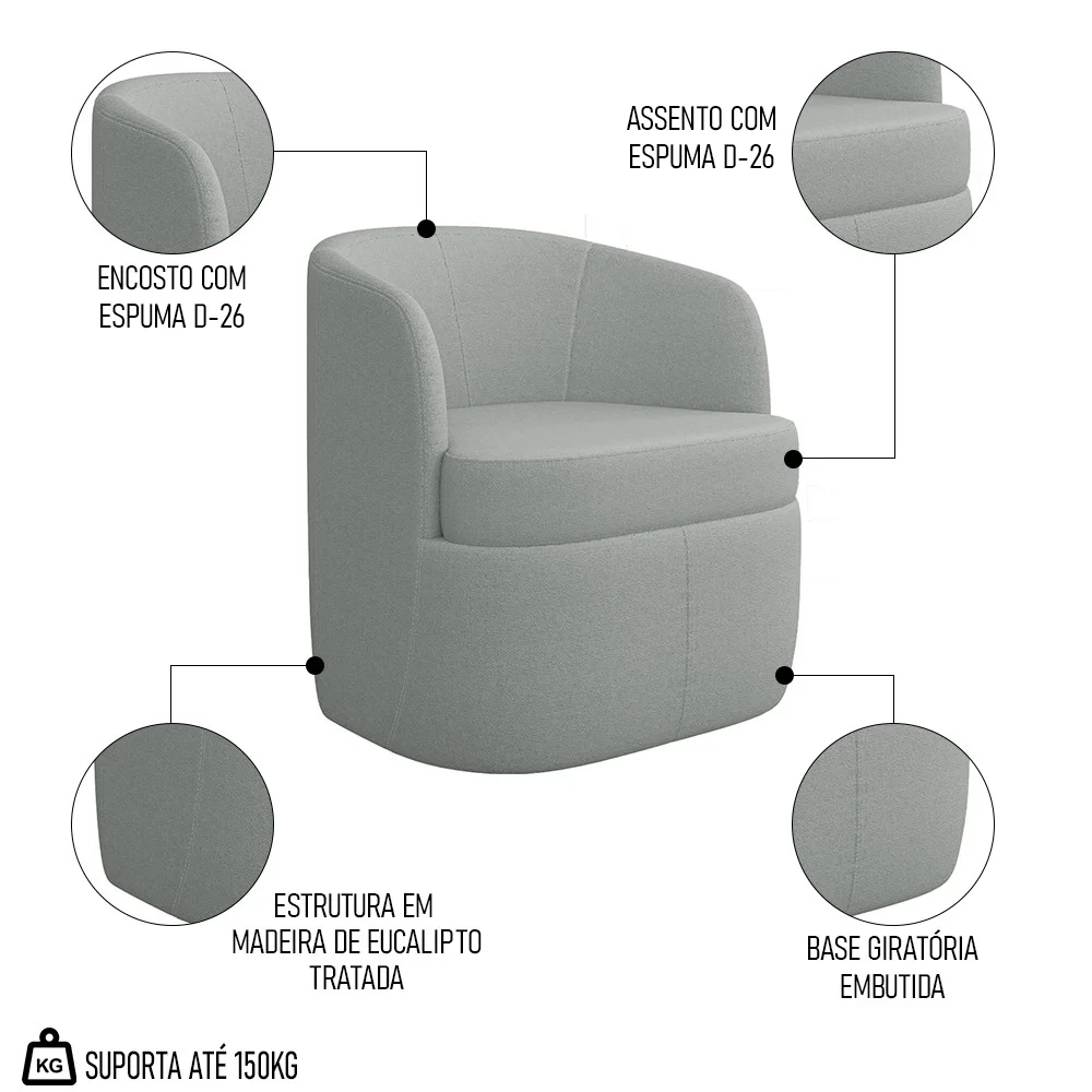 Kit 2 Poltronas Giratória Decorativa para Sala Dandara Z08 Boucle Cinza Claro - Mpozenato