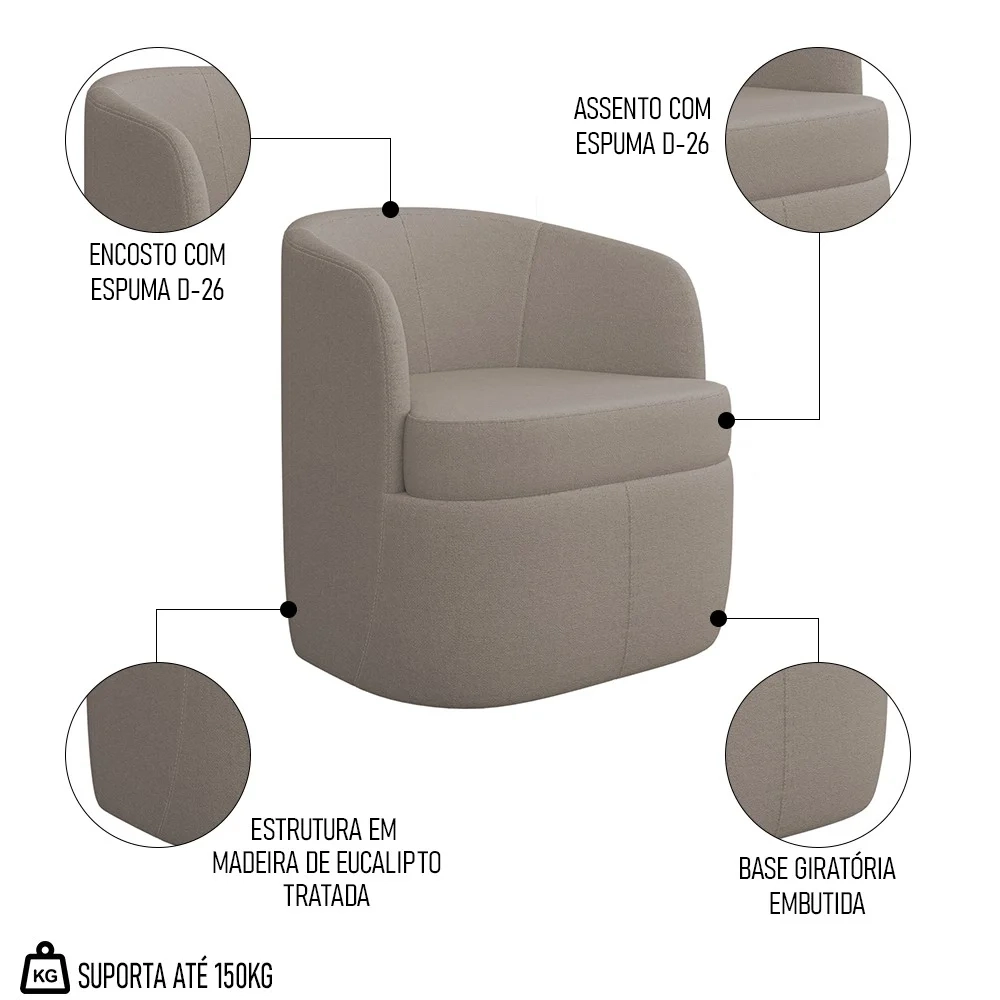 Kit 2 Poltronas Giratória Decorativa para Sala Dandara Z08 Boucle Bege Escuro - Mpozenato