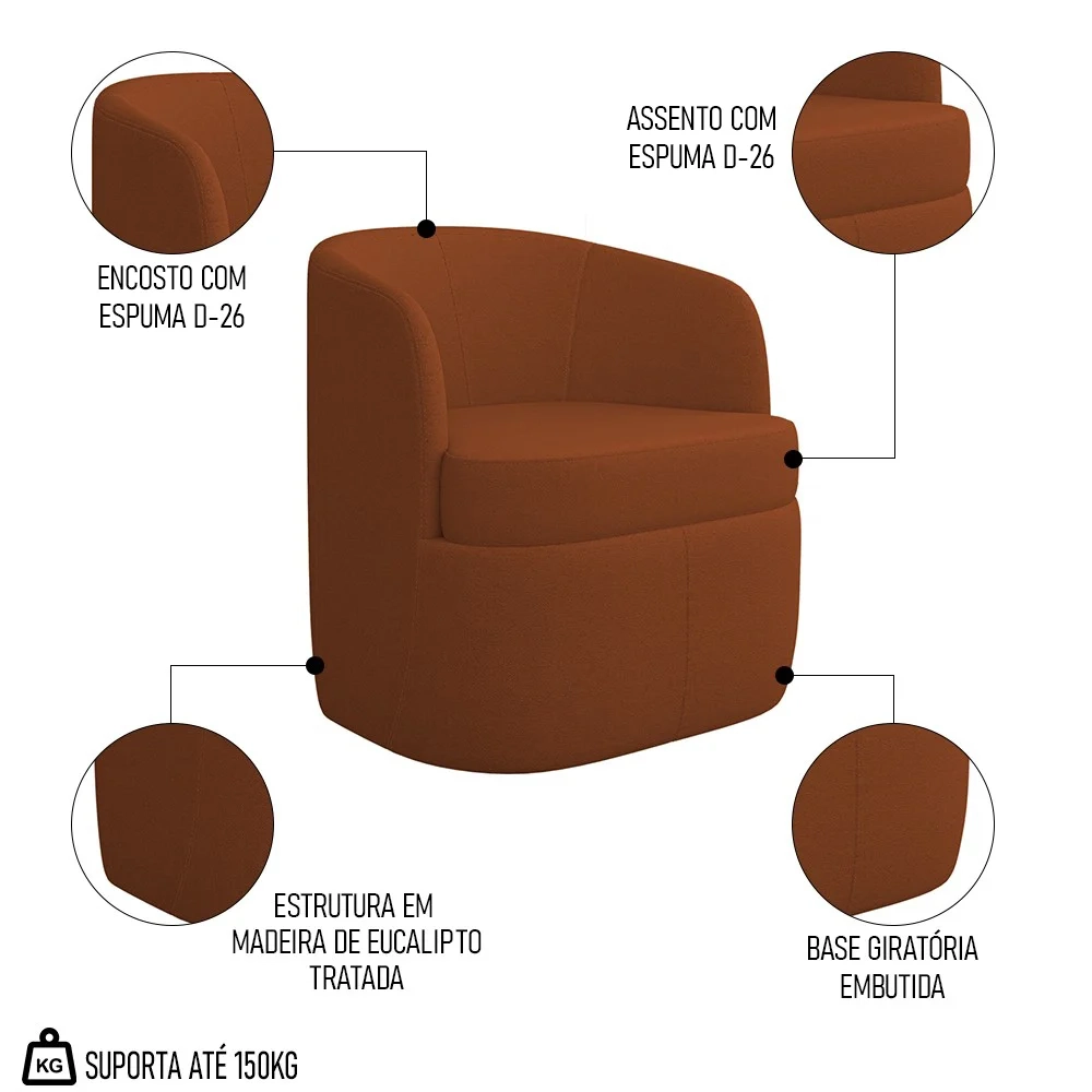 Kit 2 Poltronas Giratória Decorativa para Sala Dandara Z08 Boucle Terracota - Mpozenato