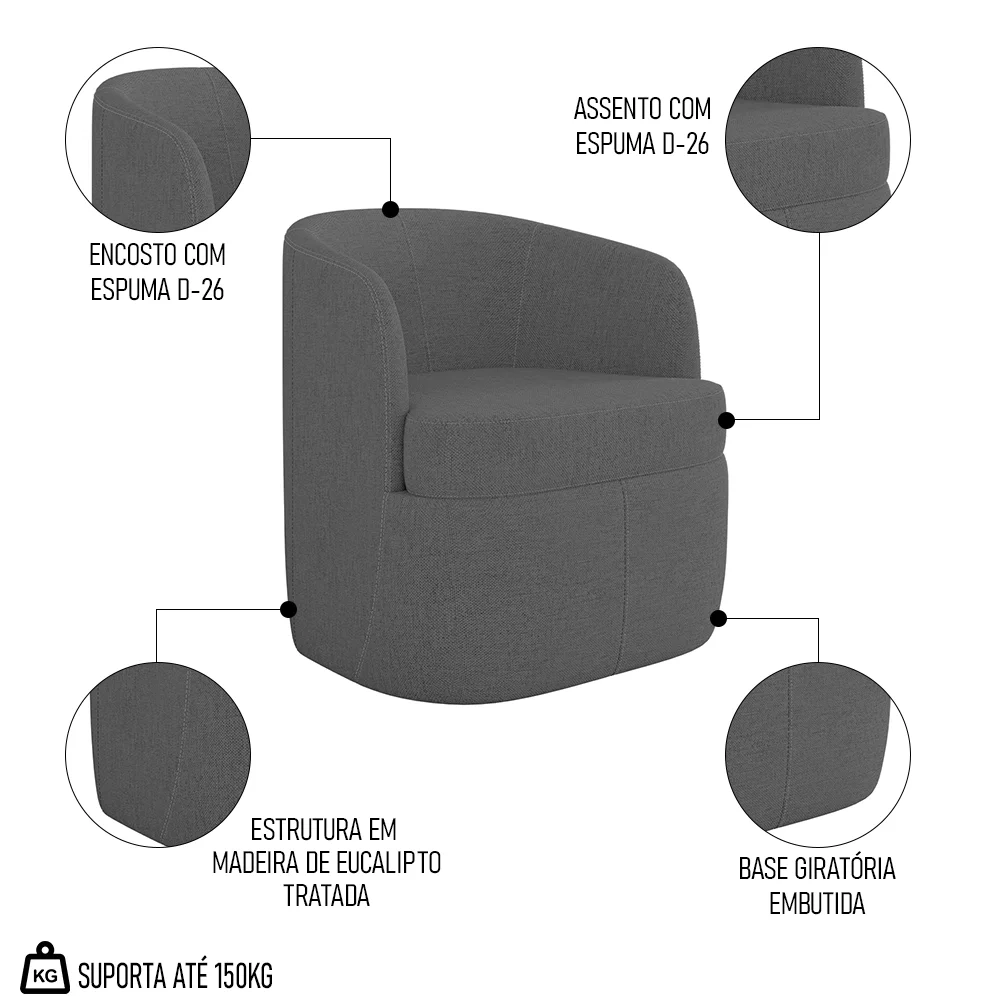 Kit 2 Poltronas Giratória Decorativa para Sala Dandara Z08 Linho Cinza Escuro - Mpozenato