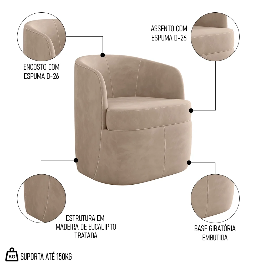 Kit 2 Poltronas Giratória Decorativa para Sala Dandara Z08 Veludo Bege - Mpozenato