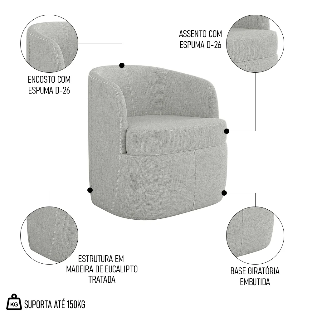 Kit 2 Poltronas Giratória Decorativa para Sala Dandara Z08 Linho Cinza - Mpozenato
