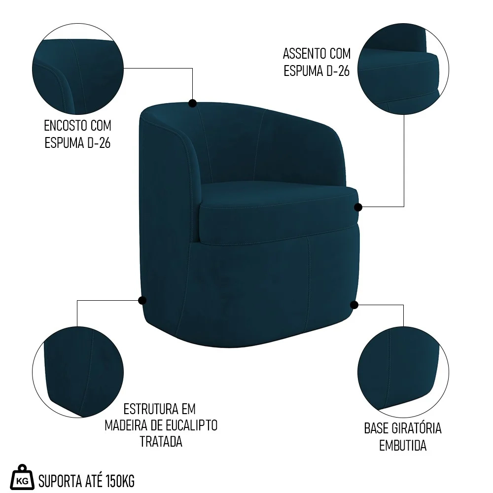 Kit 2 Poltronas Giratória Decorativa para Sala Dandara Z08 Veludo Azul - Mpozenato