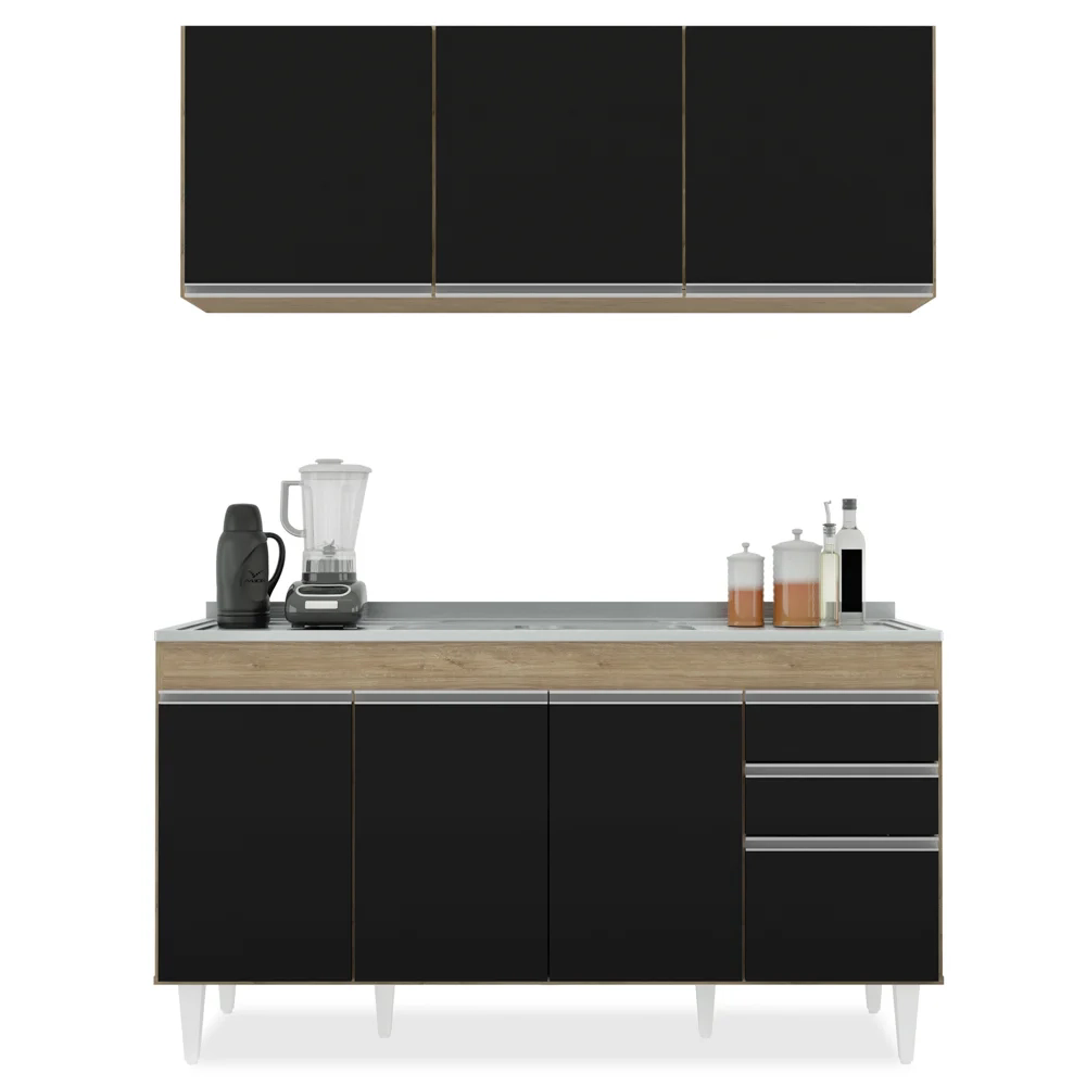 Armário Aéreo Argélia e Balcão Com Pia 150cm Marrocos Castanho/Preto - Lumil Móveis