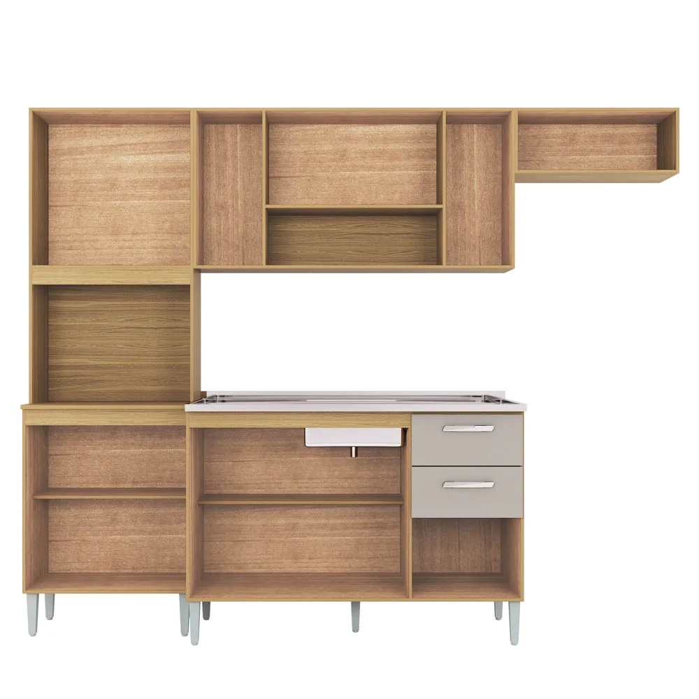 Cozinha Compacta Completa 244cm com Balcão e Pia Inox Livy Z46 Damasco/POff White - Mpozenato