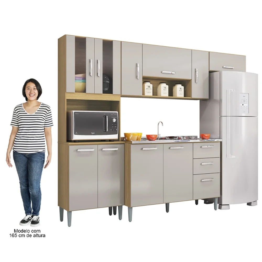 Cozinha Compacta Completa 244cm com Balcão e Pia Inox Livy Z46 Damasco/POff White - Mpozenato