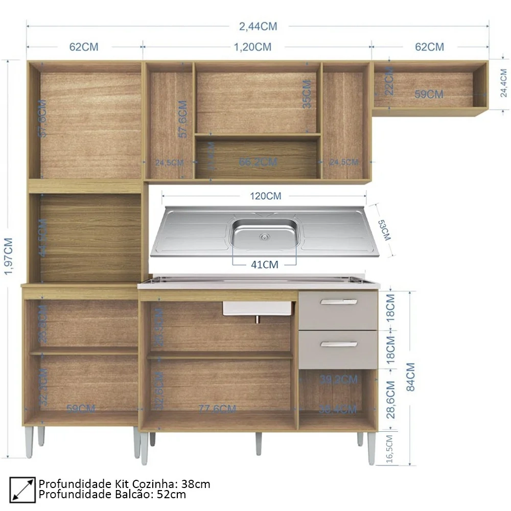 Cozinha Compacta Completa 244cm com Balcão e Pia Inox Livy Z46 Damasco/POff White - Mpozenato