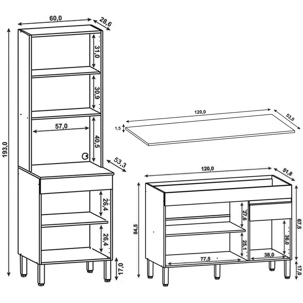 Paneleiro e Balcão Gabinete com Tampo 120cm Lina Z06 Supremo - Mpozenato
