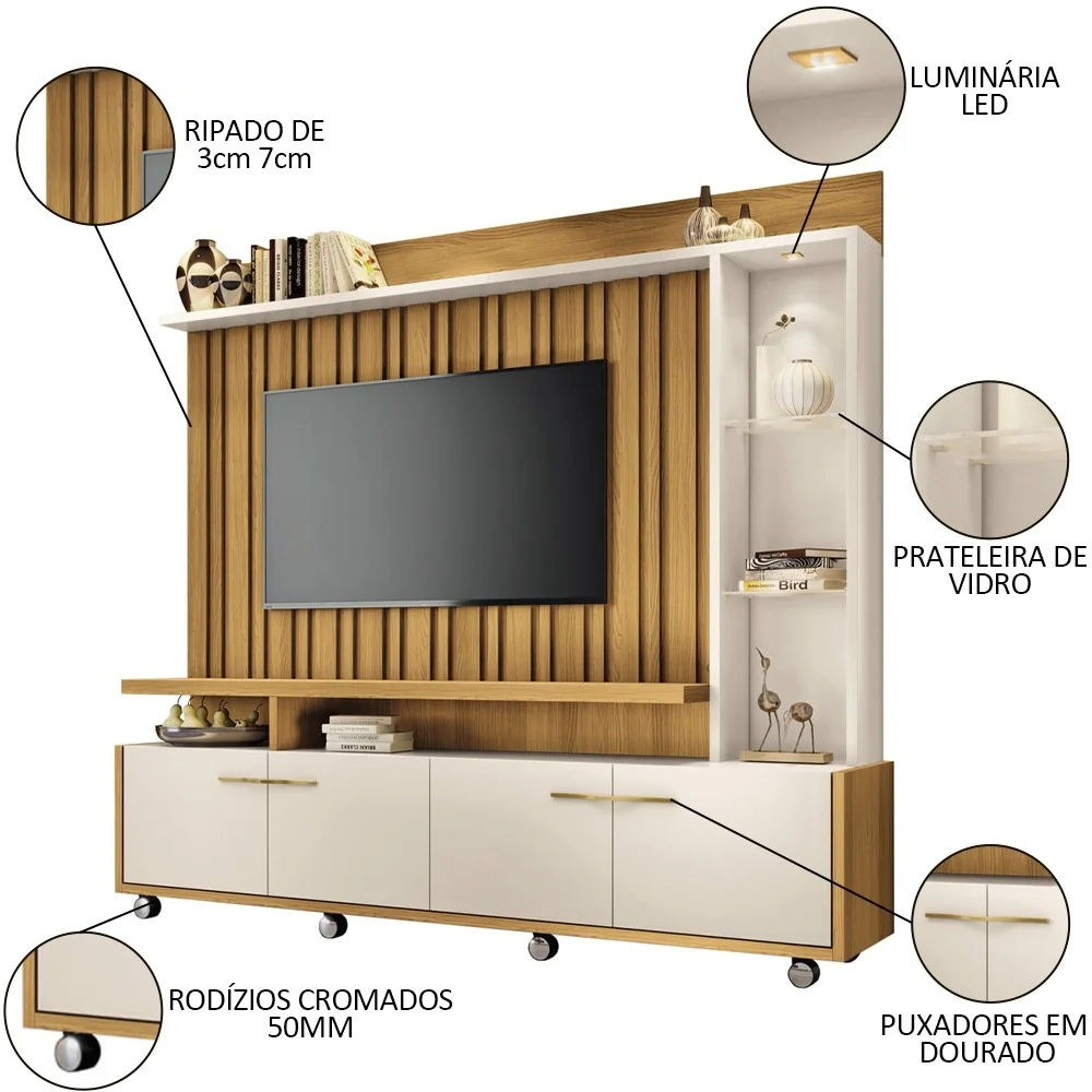 Estante Painel para TV 60 Pol. Natan H01 Off White/Cinamomo - Mpozenato