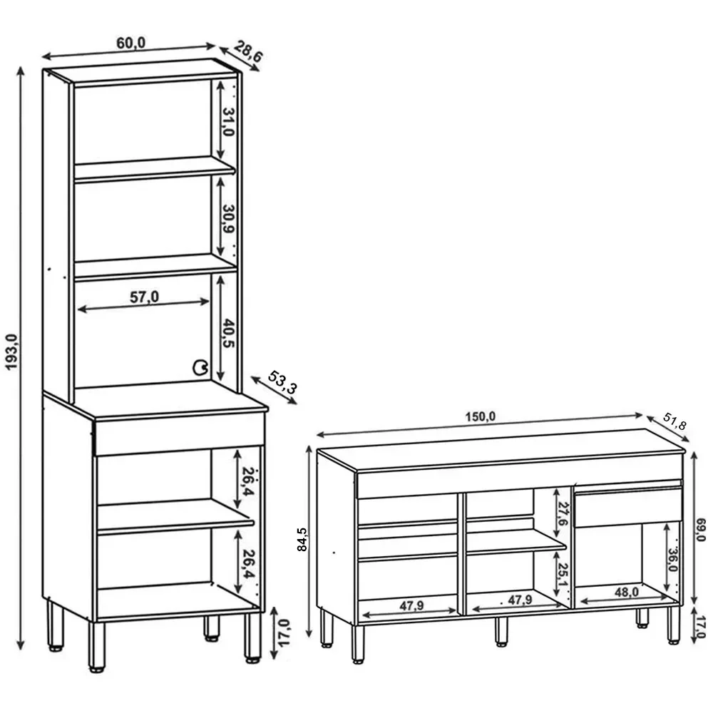 Paneleiro e Balcão Gabinete sem Tampo 150cm Lina Z06 Supremo - Mpozenato