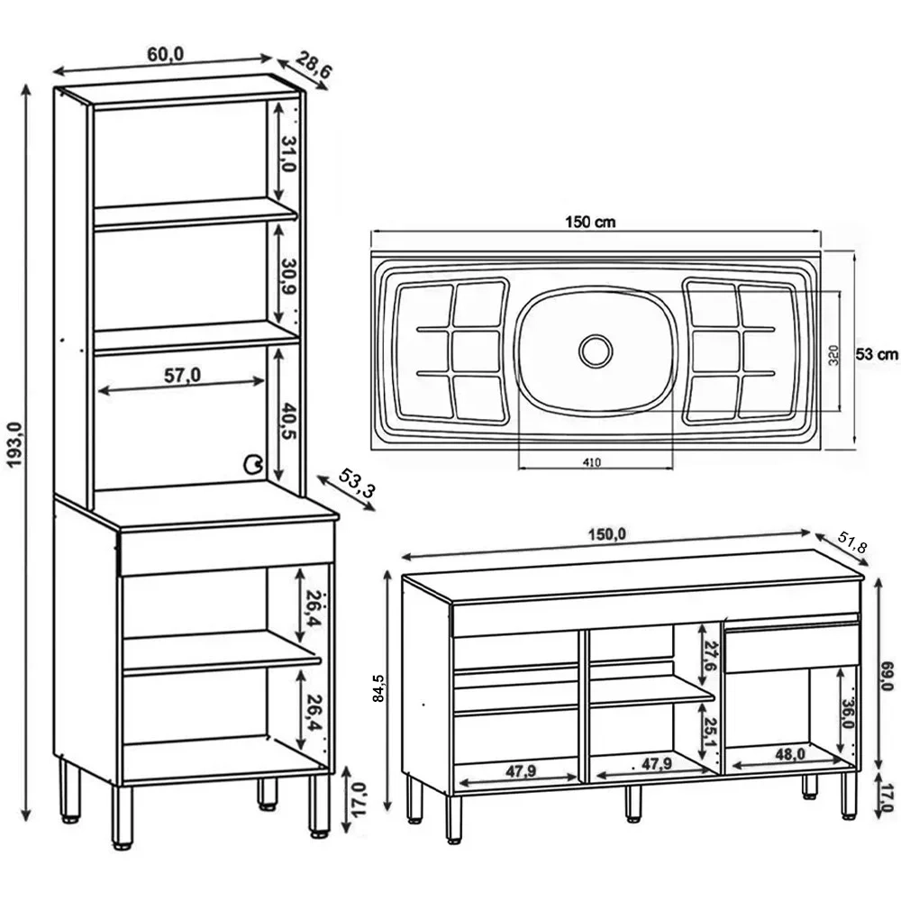 Paneleiro e Balcão Gabinete com Pia 150cm Lina Z06 Supremo - Mpozenato