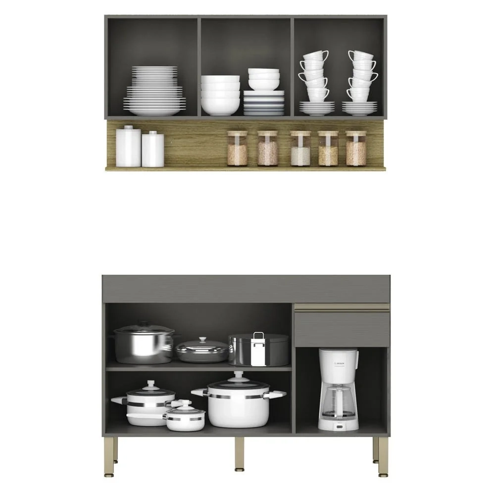 Armário de Cozinha com Balcão sem Tampo 120cm Lina Z06 Gris/Freijó - Mpozenato