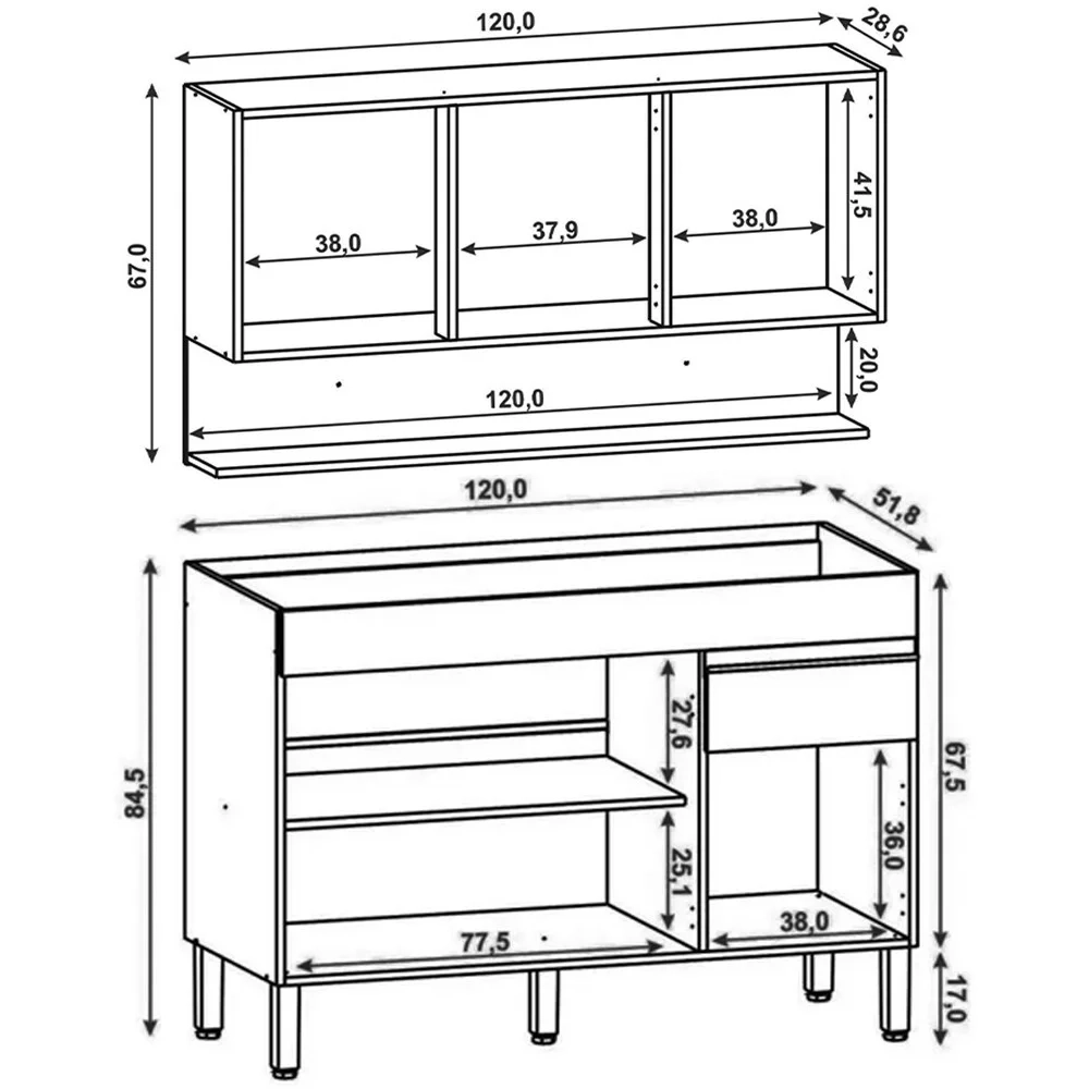 Armário de Cozinha com Balcão sem Tampo 120cm Lina Z06 Supremo/Freijó - Mpozenato